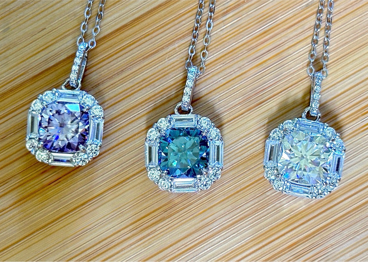Moissanite necklace. A certified 2.5ct white, deep blue or purple cushion-cut Moissanite in a 1.5ctw multi-cut zircon halo, a 4ctw pendant that’s eye-catching and super flashy!