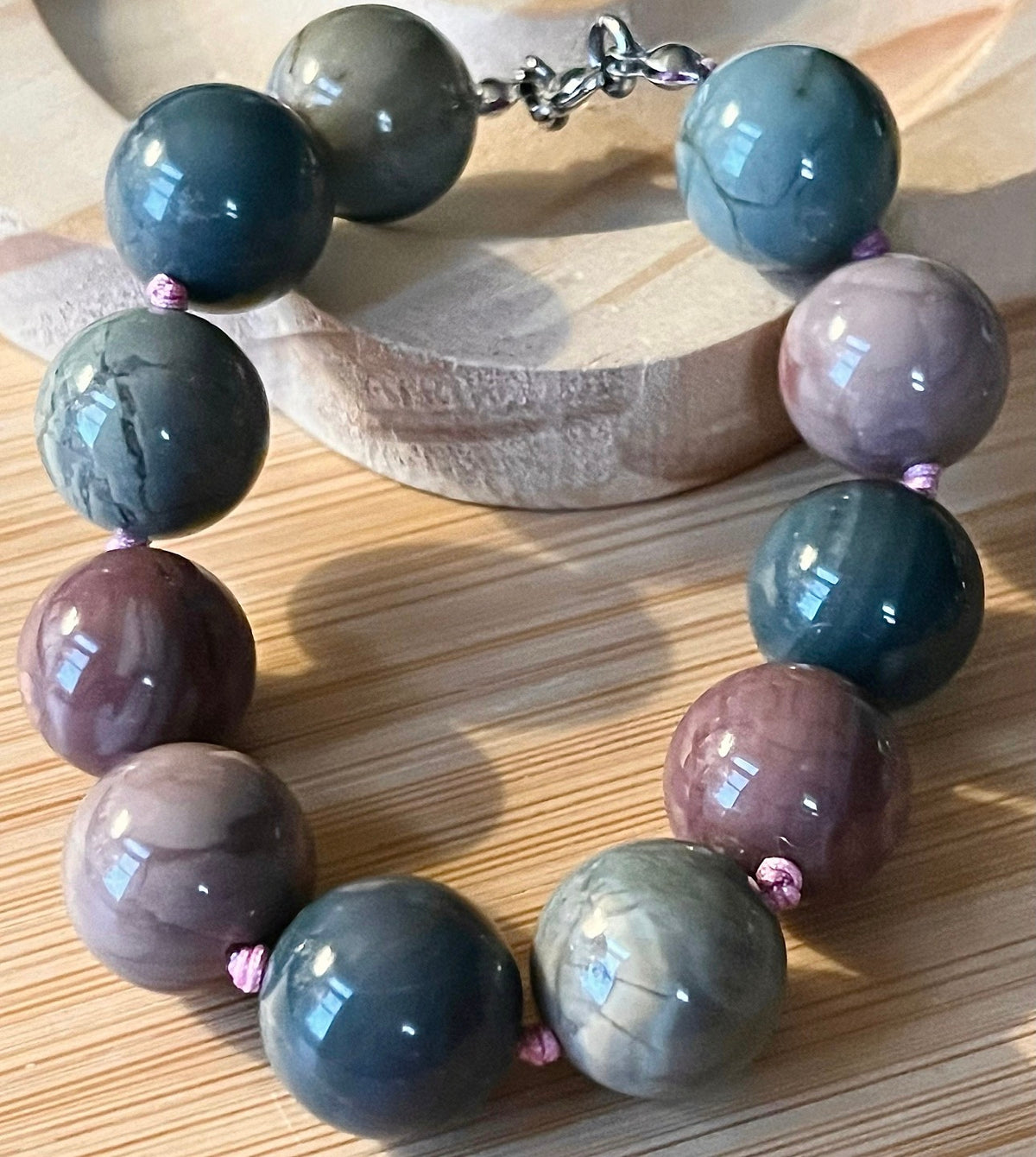 Alashan agate bracelet. Semiprecious 15mm Alashan agates, hand knotted with durable stainless steel components! Big, bold and beautiful!