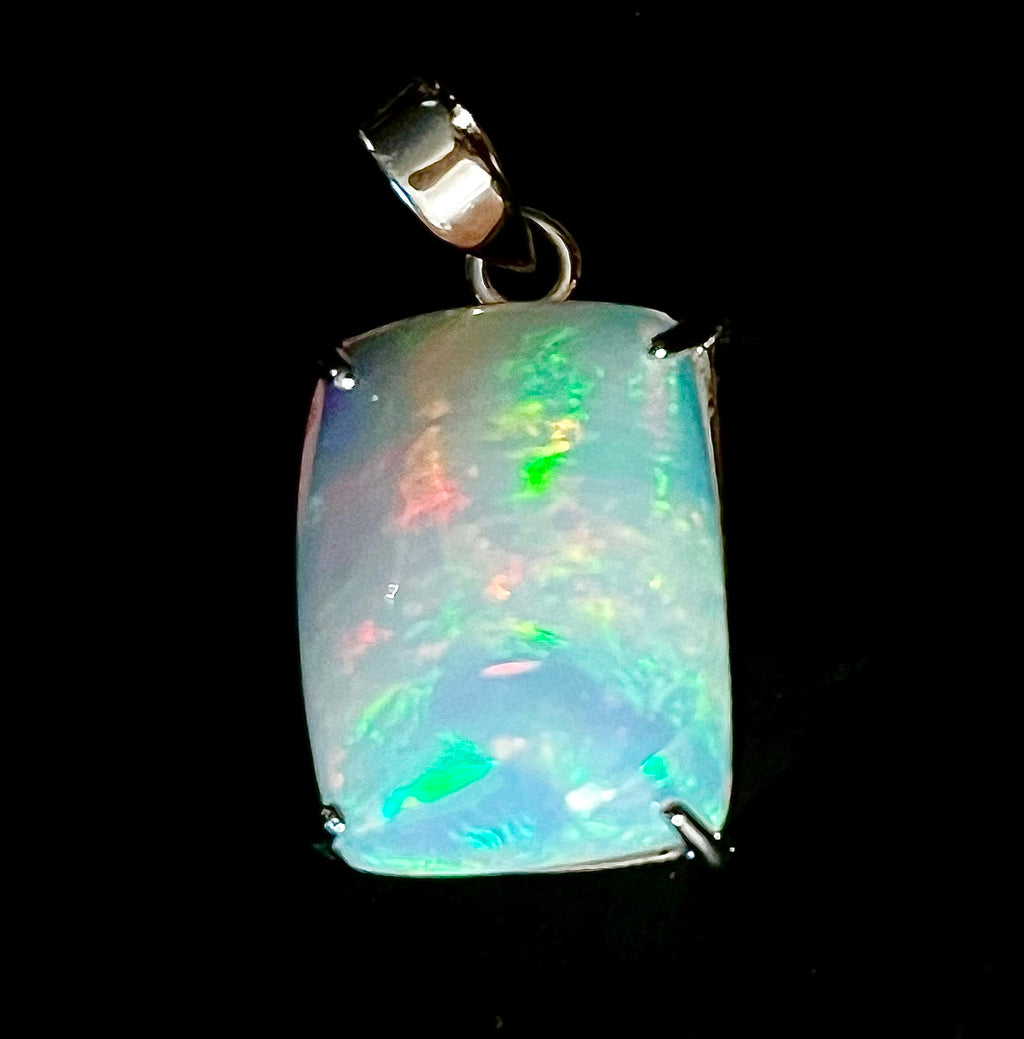 9.2ct white Ethiopian opal/Welo fire opal pendant. SPECTACULAR domed rectangular AAA opal cabochon in solid sterling silver! Stellar!