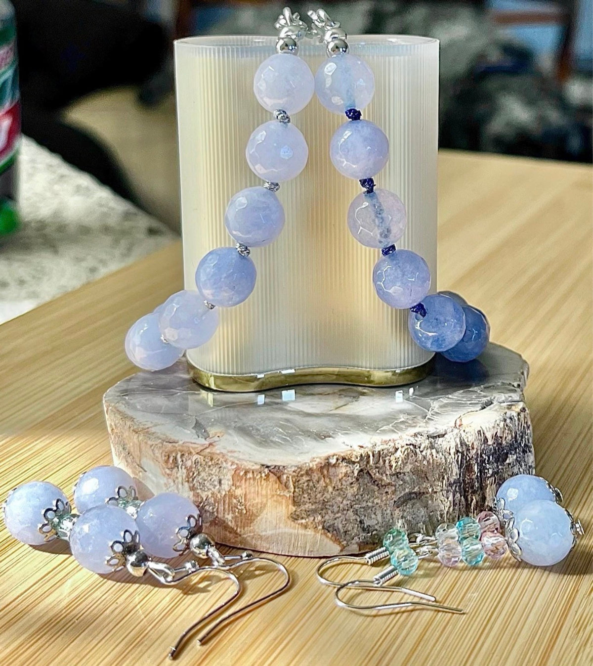 Aquamarine bracelet and/or earrings. The “Silent Night” faceted aquamarine hand knotted bracelet with METALLIC string and your choice of yellow gold plated or silvery stainless steel bracelet hardware!