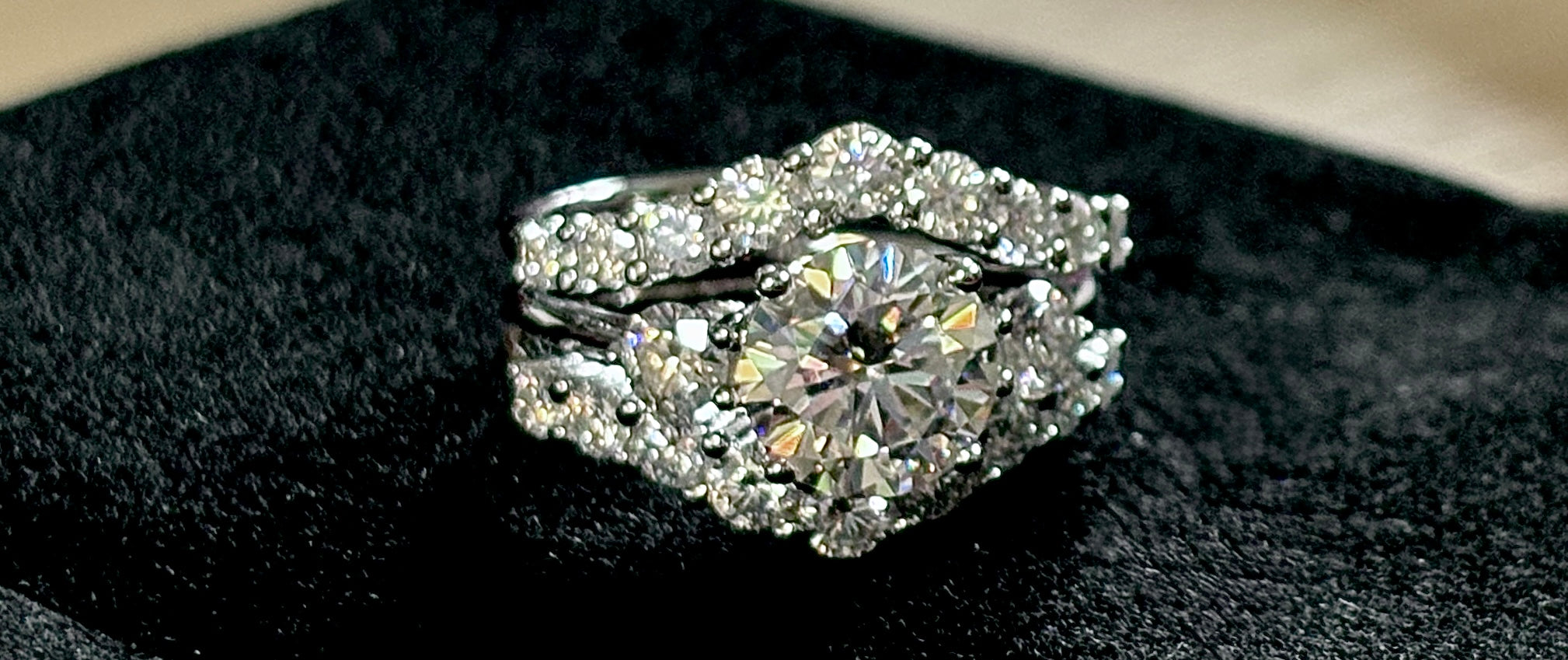 Moissanite bridal set. A certified 3ct Moissanite with a FULLY Moissanite double ring guard, for 5.08cttw! Wear them separately or together!