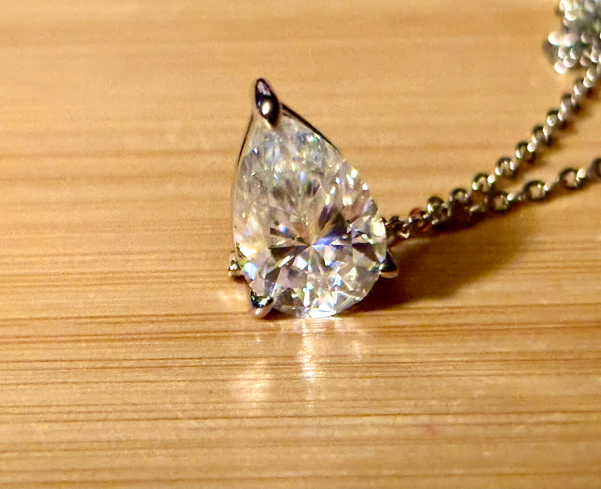 Moissanite necklace. A GORGEOUS certified 4ct pear-cut Moissanite pendant in sterling and 18k white gold on a nice 22” cable link chain!
