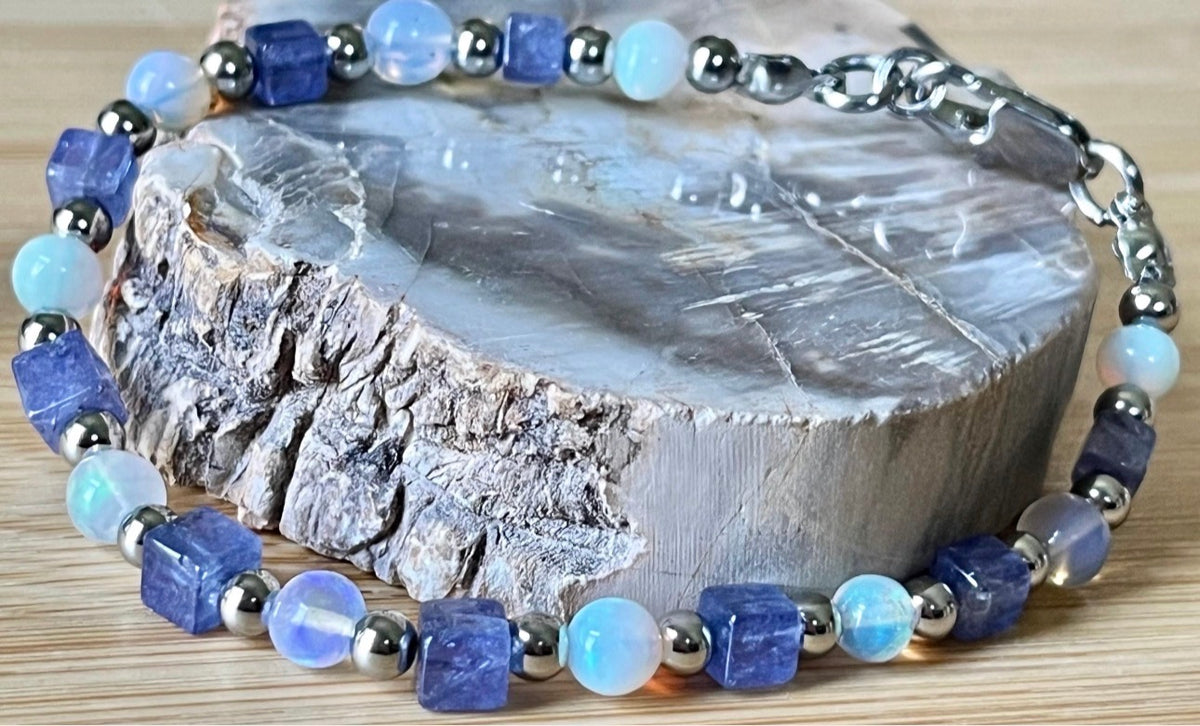 Ethiopian opal and tanzanite bracelet. AAA-grade Ethiopian opals + gorgeous tanzanite cubes = utter opulence! Nature’s gemstone perfection!