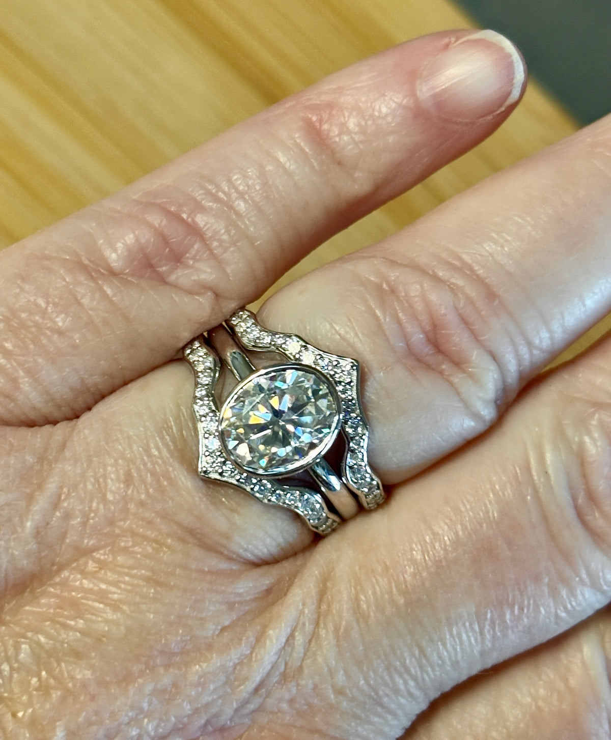 Moissanite ring. A 3ct oval in a hybrid basket + bezel of sterling OR Argentium silver! A Hand Knotted Jewelry EXCLUSIVE!