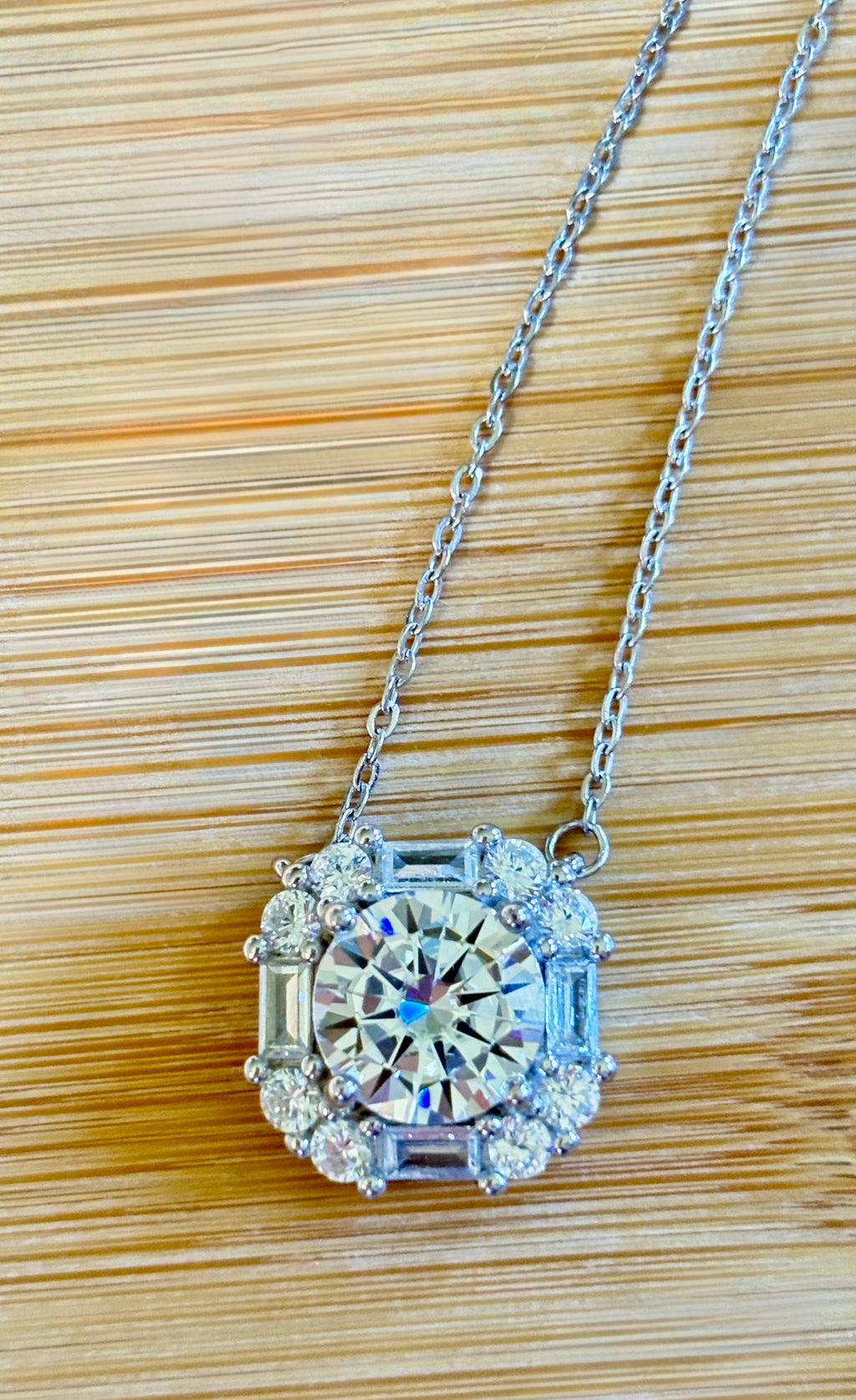 Moissanite necklace. A FIERY certified 3ct “8 hearts, 8 arrows” Moissanite in a super flashy geometric zircon halo, for a 4cttw necklace!