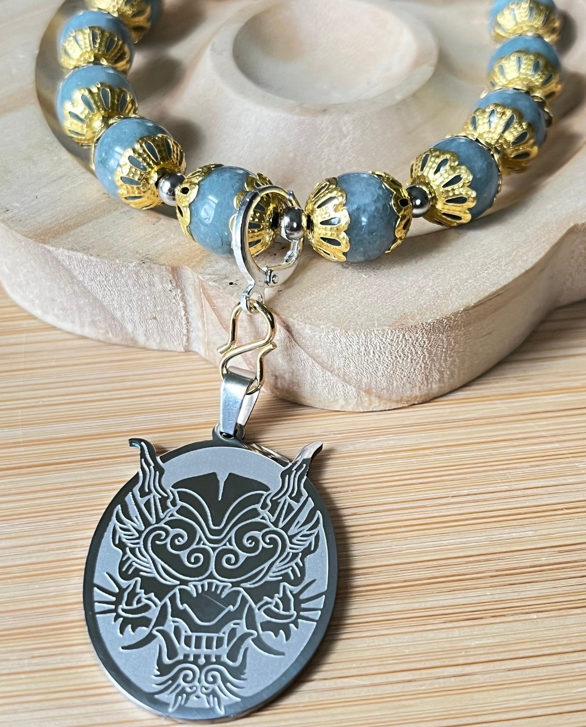 Myanmar Burma jade bracelet. “Year of the Dragon” bracelet with beautiful greenish-blue faux jade and golden or silvery stainless steel!