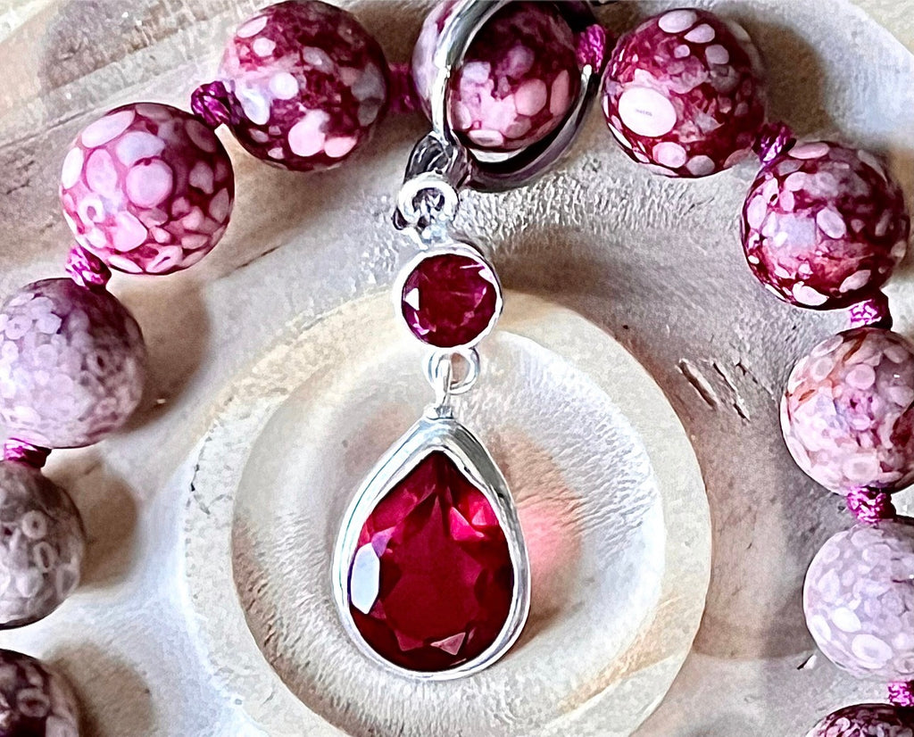 Chrysanthemum stone bracelet, hand knotted with 10mm beads, stainless steel and optional sterling silver rubellite tourmaline pendant!