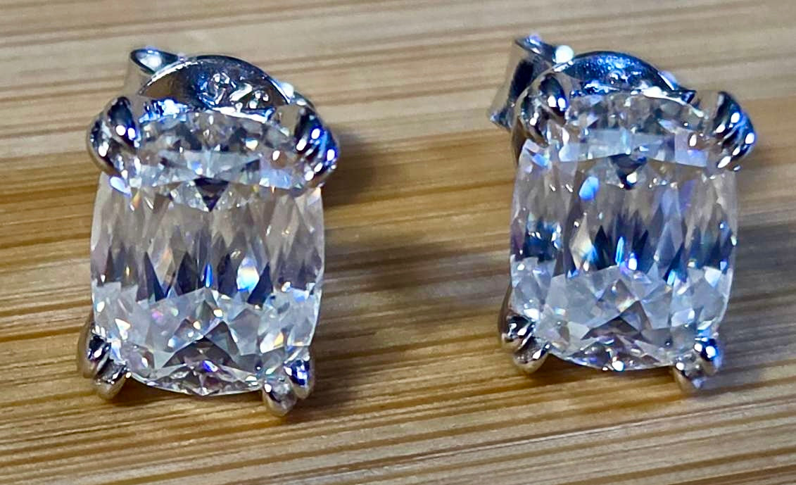 6ctw Ashoka-cut Moissanites in Argentium silver, hand-cut by a Master lapidary! These studs are the highest of the high end!