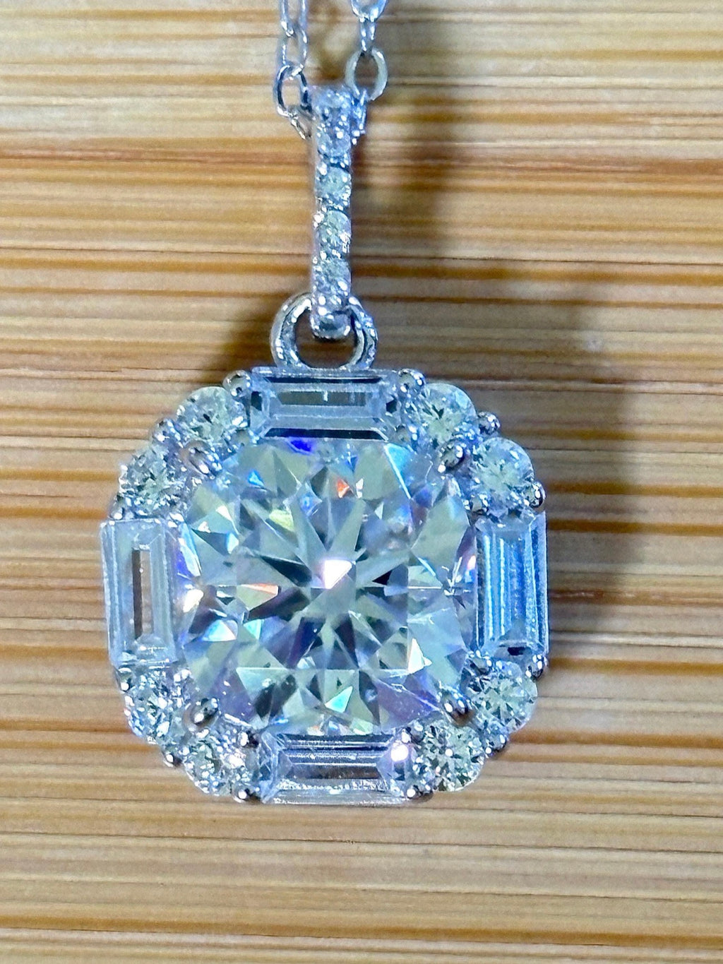 Moissanite necklace. A certified 2.5ct white, deep blue or purple cushion-cut Moissanite in a 1.5ctw multi-cut zircon halo, a 4ctw pendant that’s eye-catching and super flashy!