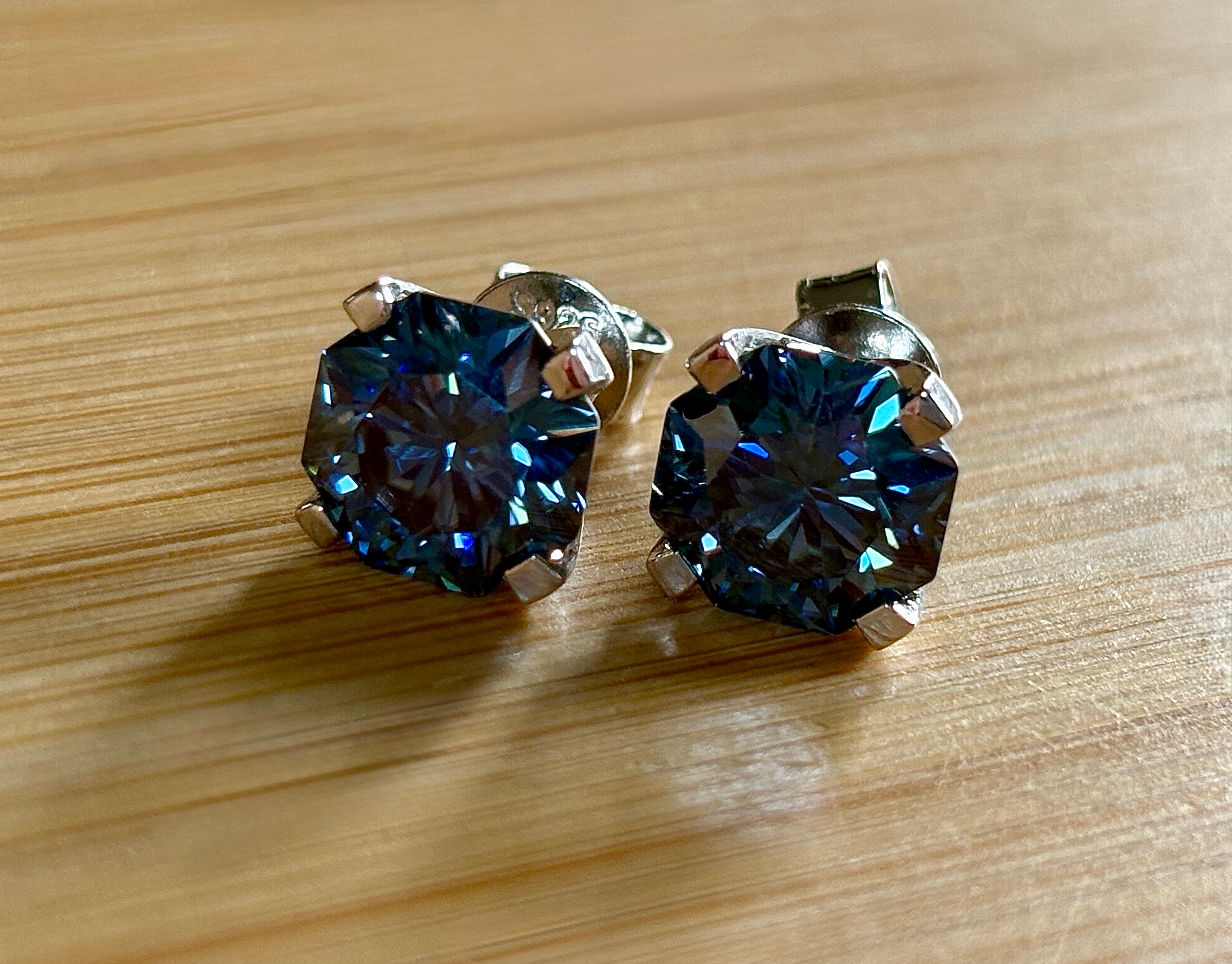 A *PHENOMENAL* 2.4cttw or 6cttw DOUBLE certified pair of octagonal-cut, star-faceted, royal blue Moissanite studs in 935 Argentium silver!