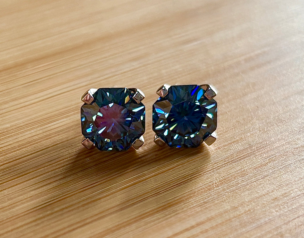 A *PHENOMENAL* 2.4cttw or 6cttw DOUBLE certified pair of octagonal-cut, star-faceted, royal blue Moissanite studs in 935 Argentium silver!