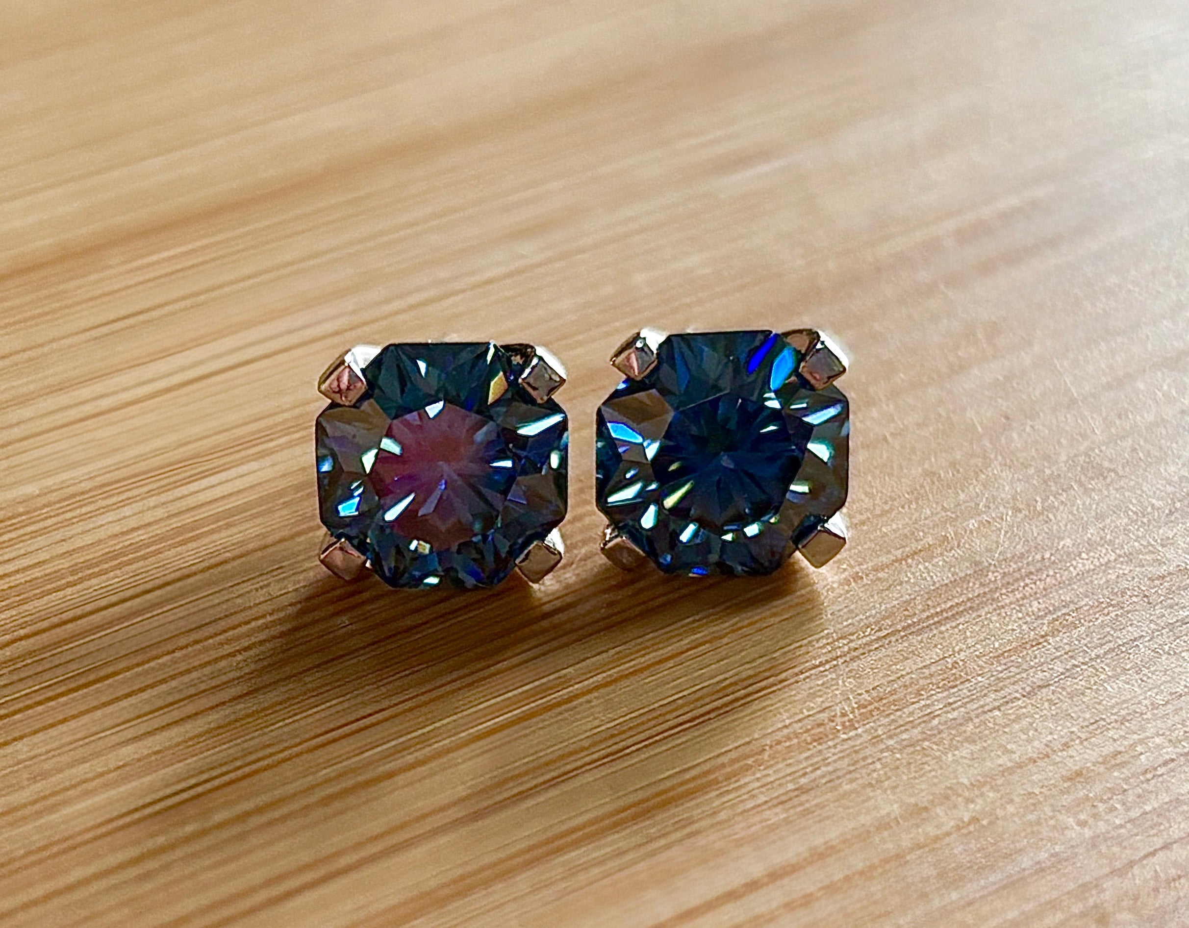 A *PHENOMENAL* 2.4cttw or 6cttw DOUBLE certified pair of octagonal-cut, star-faceted, royal blue Moissanite studs in 935 Argentium silver!