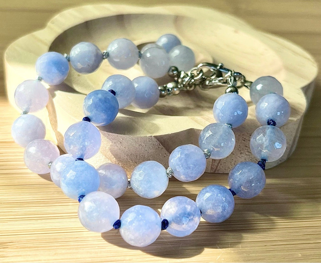 Aquamarine bracelet and/or earrings. The “Silent Night” faceted aquamarine hand knotted bracelet with METALLIC string and your choice of yellow gold plated or silvery stainless steel bracelet hardware!