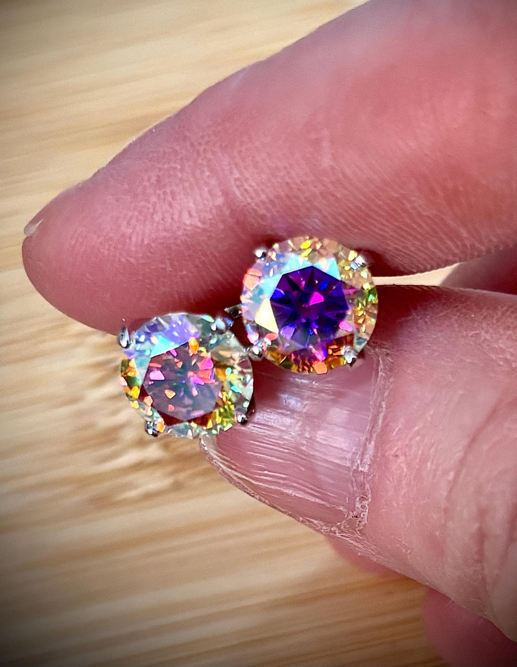 6ctw Moissanite “Kaleidoscope” studs! A pair of colorful, color-shifting, MESMERIZING Moissanite studs, DOUBLE certified and flashy in 18k plated sterling silver!