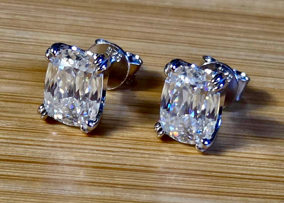 6ctw Ashoka-cut Moissanites in Argentium silver, hand-cut by a Master lapidary! These studs are the highest of the high end!