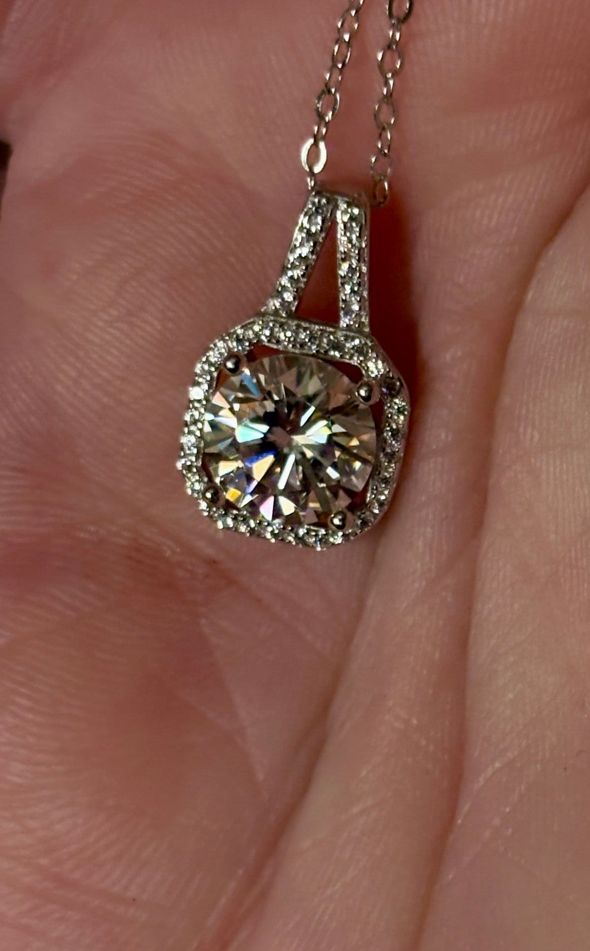 Moissanite necklace. A 2ct certified Moissanite set within an octagonally-shaped halo of pavé-set gleaming white zircons - at a 1ct price!