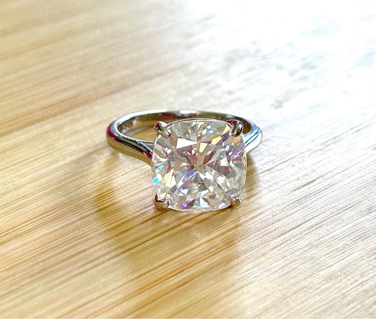 Moissanite ring. A 9ct certified cushion-cut *crushed ice* faceted Moissanite solitaire statement ring. Did someone order extra sparkles?!