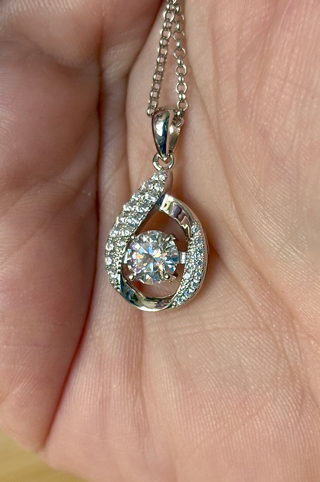 Moissanite necklace. A 1ct 8H8A certified Moissanite water drop-shaped pendant with white zircons, on a nicely weighted rolo chain with lobster claw clasp!