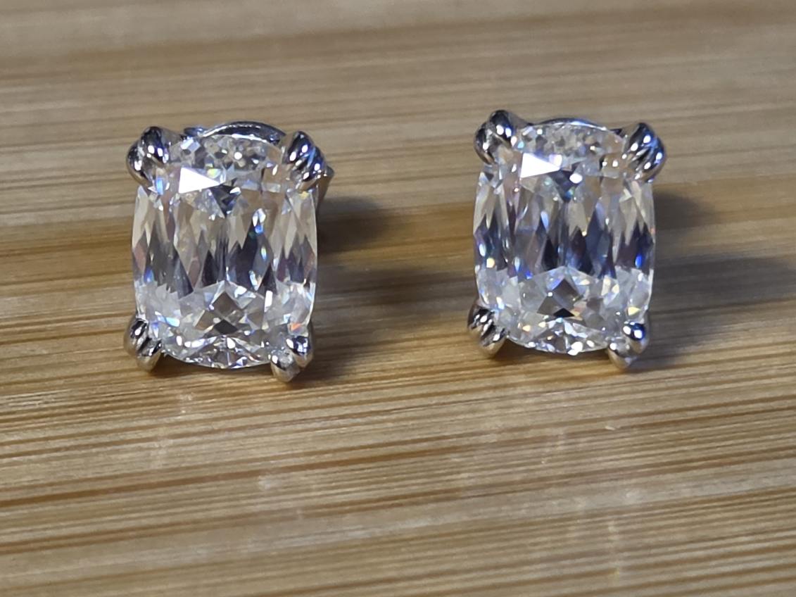 6ctw Ashoka-cut Moissanites in Argentium silver, hand-cut by a Master lapidary! These studs are the highest of the high end!
