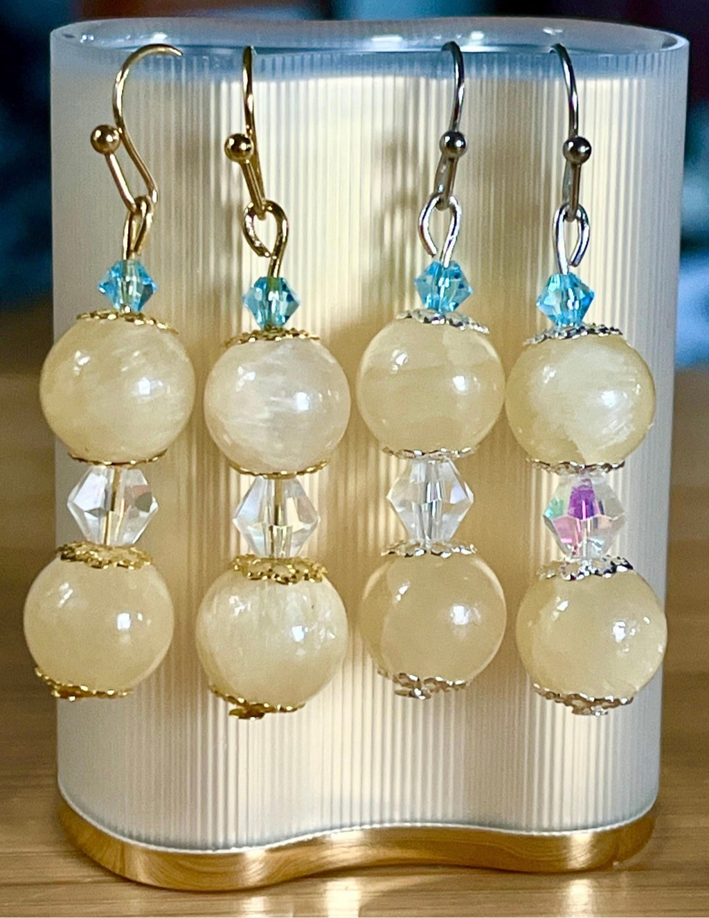 Silky yellow quartz bracelet. Chatoyant 10mm buttercream quartzite (AKA silk jade) hand-knotted bracelet with METALLIC string!
