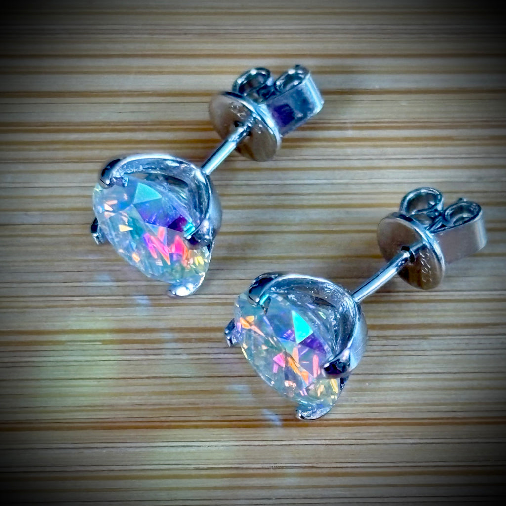 6ctw Moissanite “Kaleidoscope” studs! A pair of colorful, color-shifting, MESMERIZING Moissanite studs, DOUBLE certified and flashy in 18k plated sterling silver!