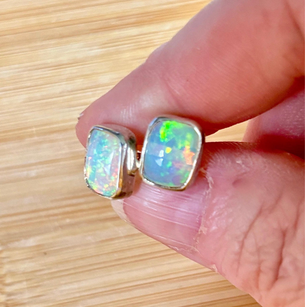 Ethiopian opal earrings, pair B. A beautiful pair of rectangular Ethiopian opal earrings, approximately 4cttw and hand-set in sterling silver bezels!