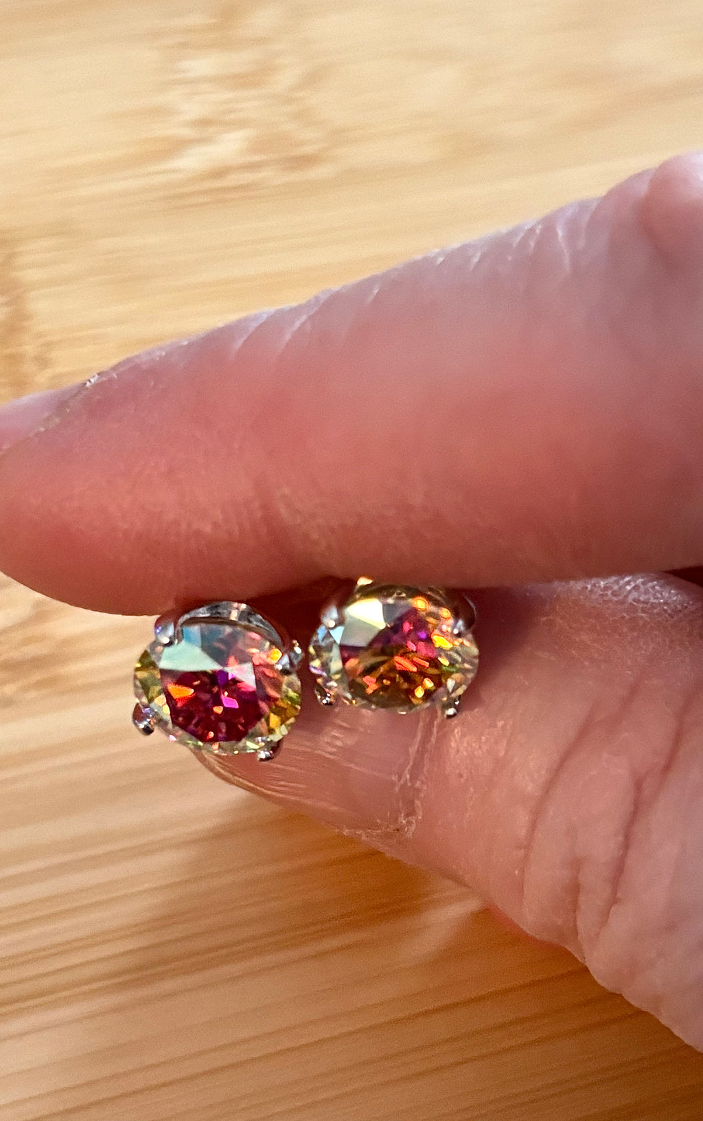 6ctw Moissanite “Kaleidoscope” studs! A pair of colorful, color-shifting, MESMERIZING Moissanite studs, DOUBLE certified and flashy in 18k plated sterling silver!