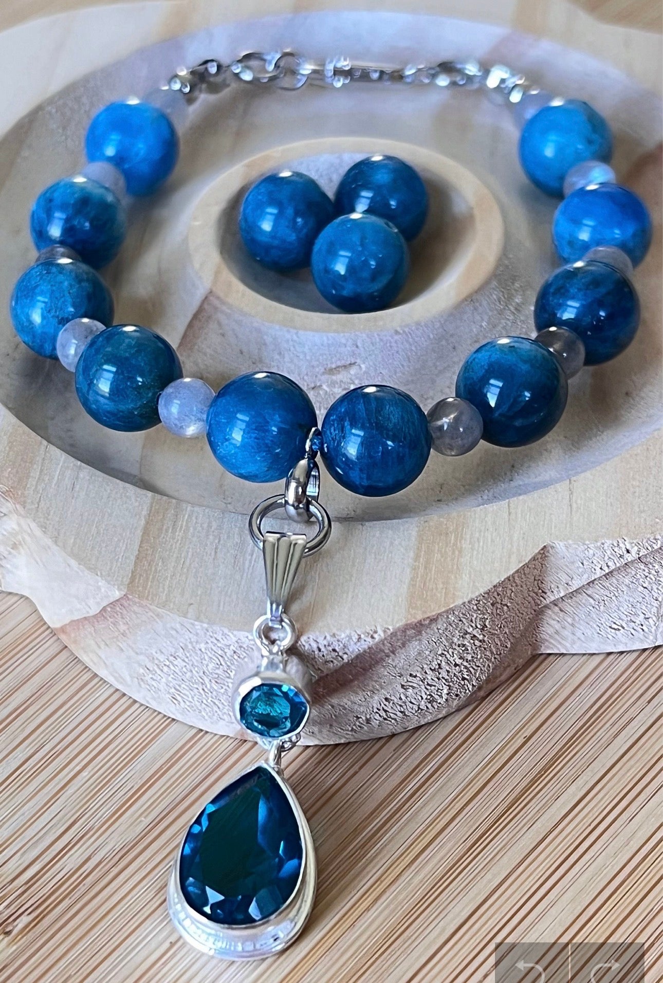 Blue apatite and gray moonstone bracelet with stainless steel hardware and optional sterling silver gemstone pendant!
