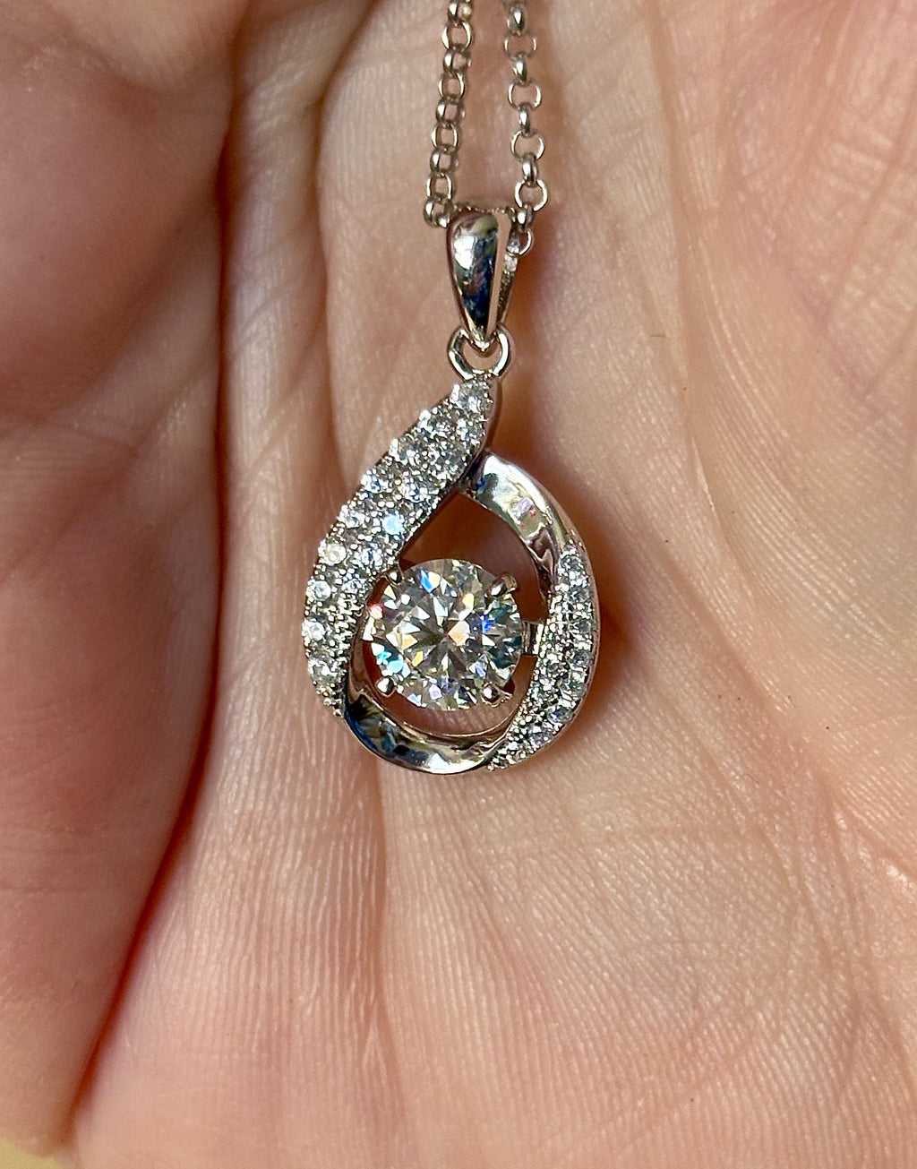 Moissanite necklace. A 1ct 8H8A certified Moissanite water drop-shaped pendant with white zircons, on a nicely weighted rolo chain with lobster claw clasp!