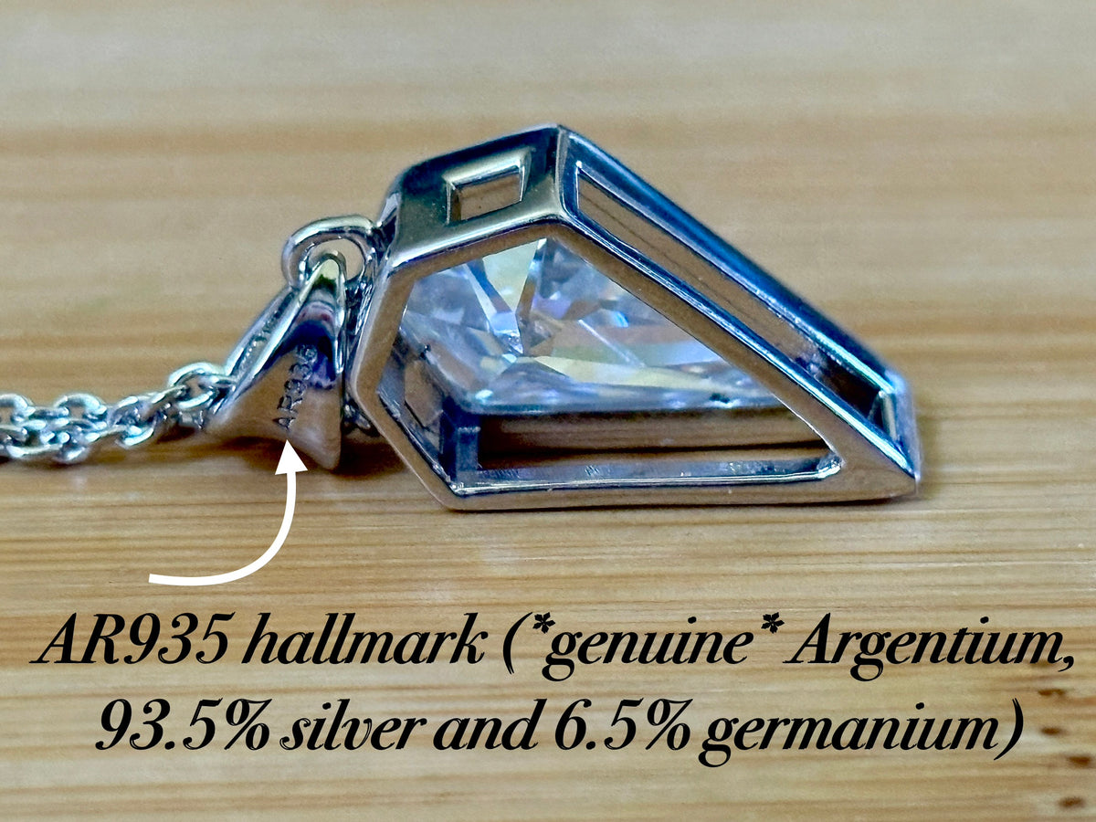 Moissanite necklace. “Flight!”, a kite-shaped, custom-cut 5ct Moissanite pendant! Hand-faceted by a master stone cutter and set in Argentium silver, it is suspended on a 20” sterling silver chain and is exclusive to Hand Knotted Jewelry!