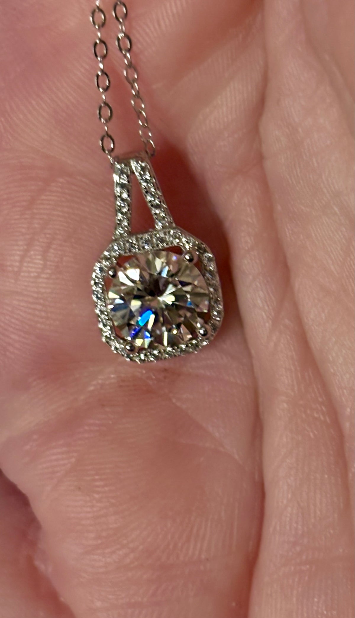 Moissanite necklace. A 2ct certified Moissanite set within an octagonally-shaped halo of pavé-set gleaming white zircons - at a 1ct price!