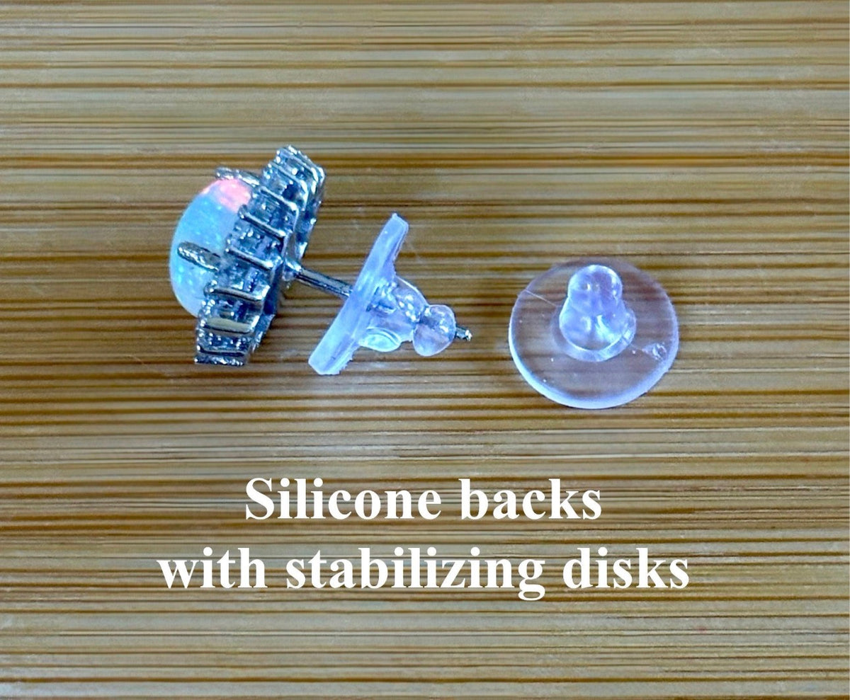 Locking earring backs (stainless steel), sterling silver replacement backs, sterling silver “UFO” security backs and silicone backs.