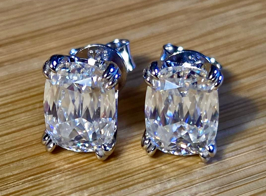 6ctw Ashoka-cut Moissanites in Argentium silver, hand-cut by a Master lapidary! These studs are the highest of the high end!