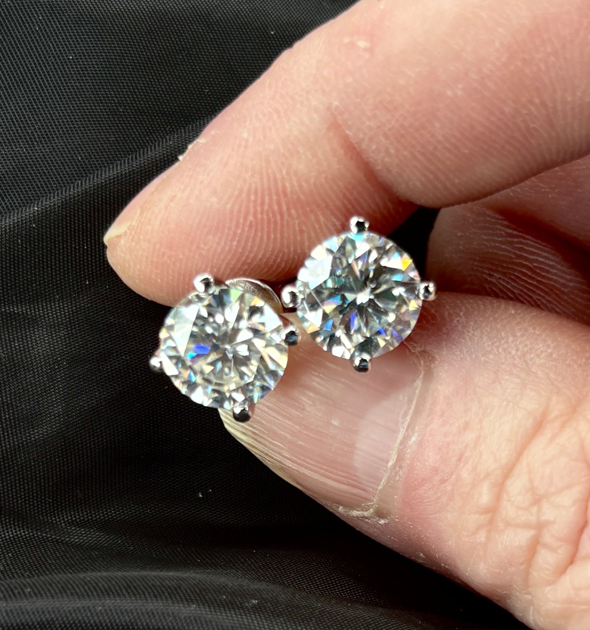 Moissanite earrings. A 6cttw certified pair of high-end boutique-quality Moissanite studs in my sturdy sterling and 18k 4-claw mountings!