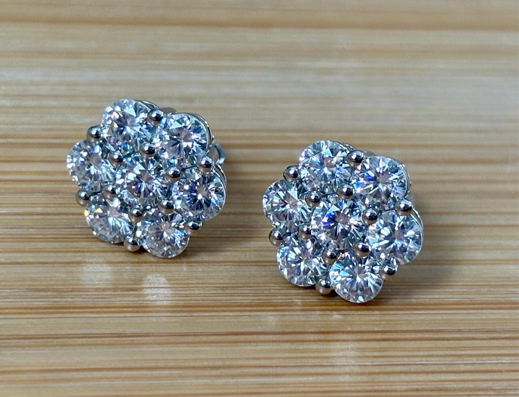 Moissanite earrings. A 4.2cttw certified pair of glamorous Moissanite cluster earrings with gorgeously bright stones and screw-on ear nuts!