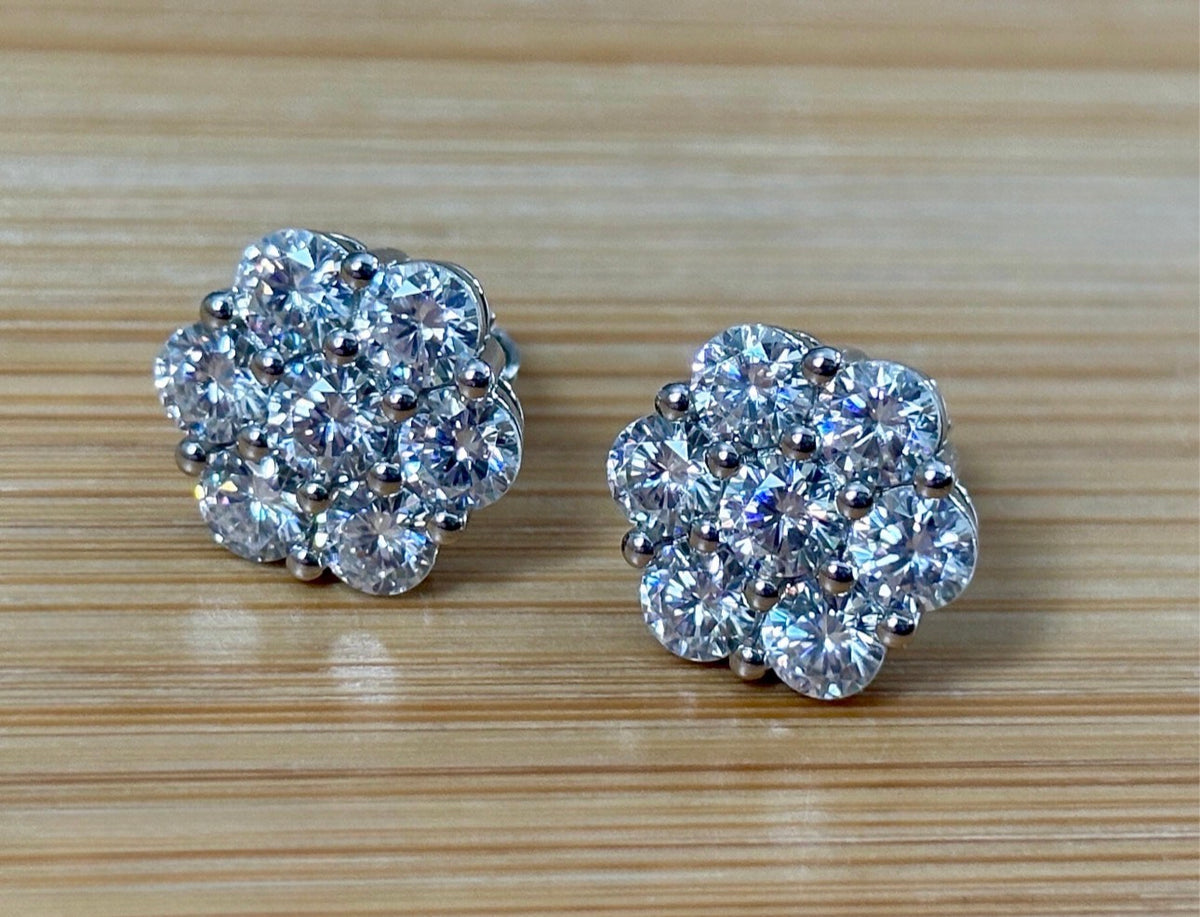 Moissanite earrings. A 4.2cttw certified pair of glamorous Moissanite cluster earrings with gorgeously bright stones and screw-on ear nuts!