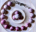 Chrysanthemum stone bracelet, hand knotted with 10mm beads, stainless steel and optional sterling silver rubellite tourmaline pendant!