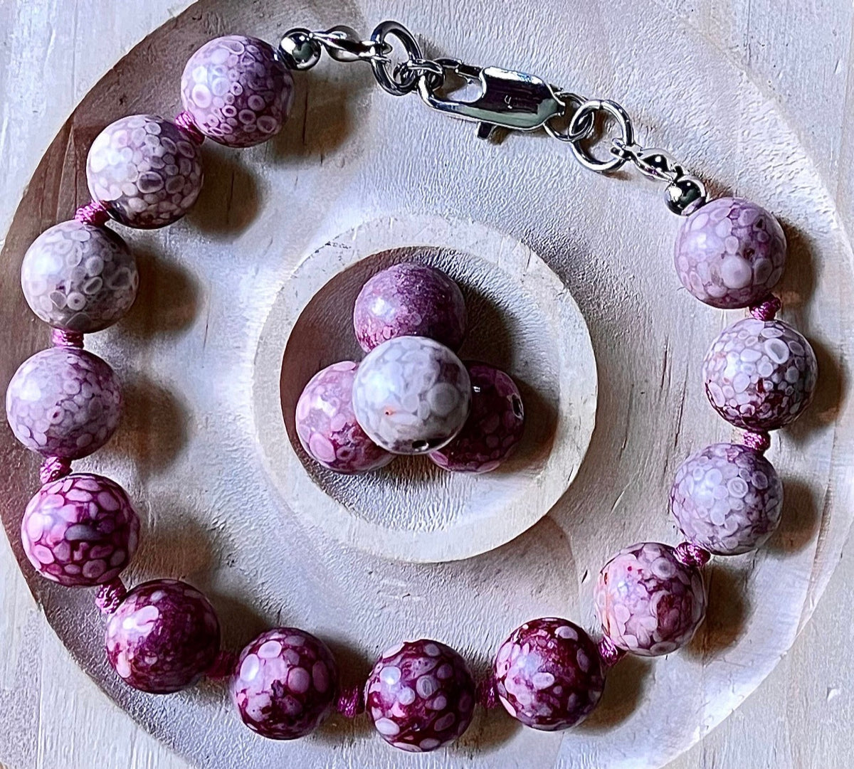 Chrysanthemum stone bracelet, hand knotted with 10mm beads, stainless steel and optional sterling silver rubellite tourmaline pendant!