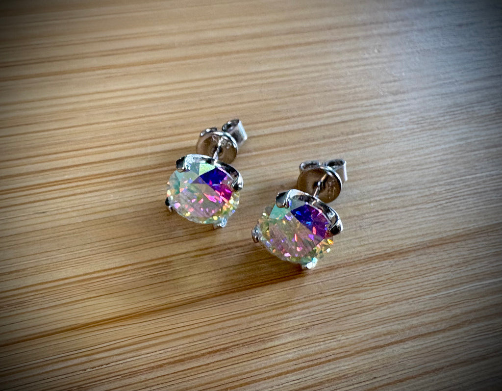 6ctw Moissanite “Kaleidoscope” studs! A pair of colorful, color-shifting, MESMERIZING Moissanite studs, DOUBLE certified and flashy in 18k plated sterling silver!