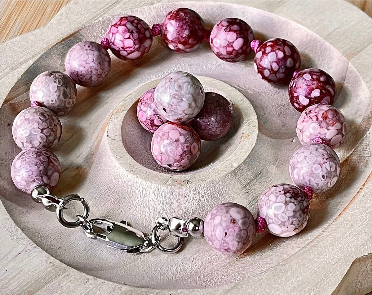 Chrysanthemum stone bracelet, hand knotted with 10mm beads, stainless steel and optional sterling silver rubellite tourmaline pendant!