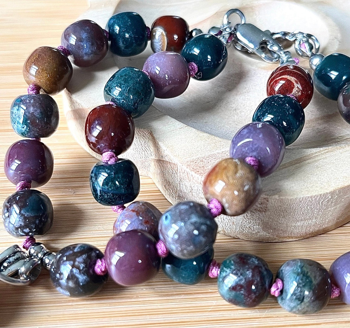 Ocean agate bracelet, hand knotted or straight-strung in your choice of design and with stainless steel bracelet hardware!