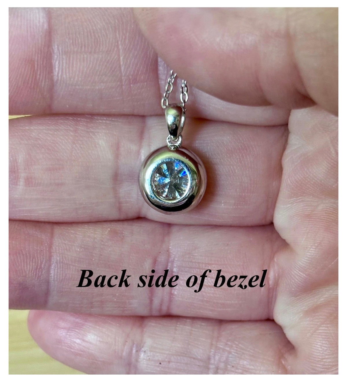Moissanite necklace. My fiery “bubble bezel” necklace features a 1ct OR 3ct certified Moissanite in a heavy sterling silver bezel setting!