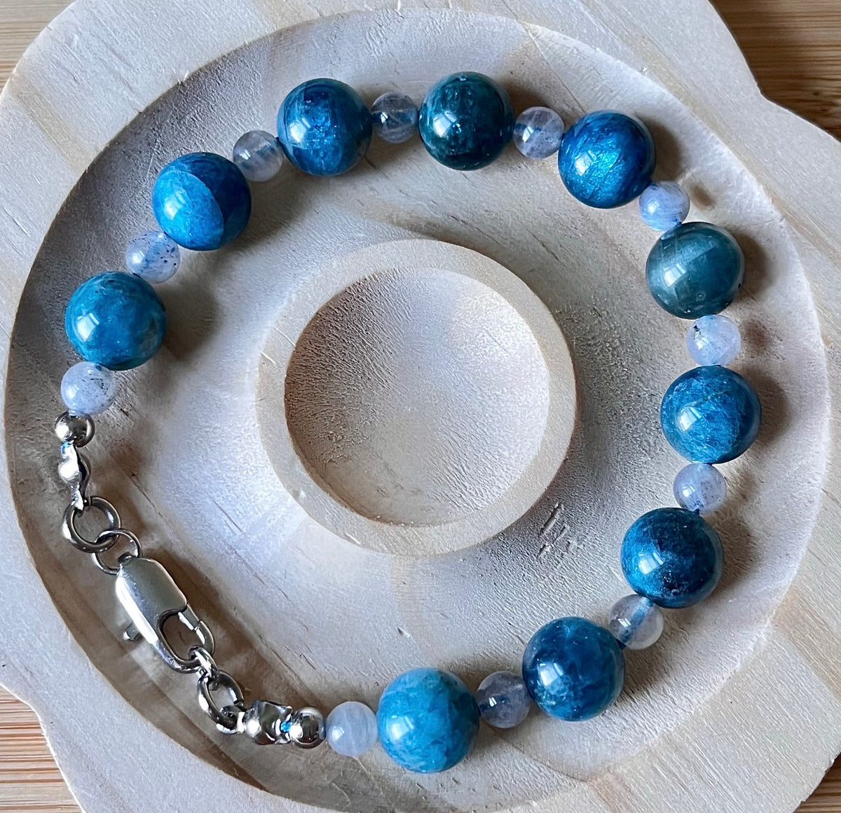 Blue apatite and gray moonstone bracelet with stainless steel hardware and optional sterling silver gemstone pendant!