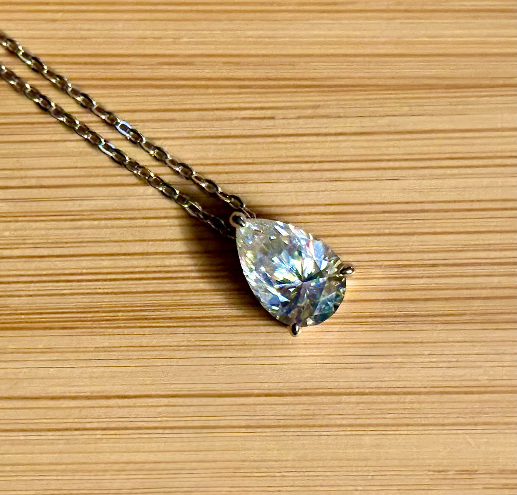 Moissanite necklace. A GORGEOUS certified 4ct pear-cut Moissanite pendant in sterling and 18k white gold on a nice 22” cable link chain!