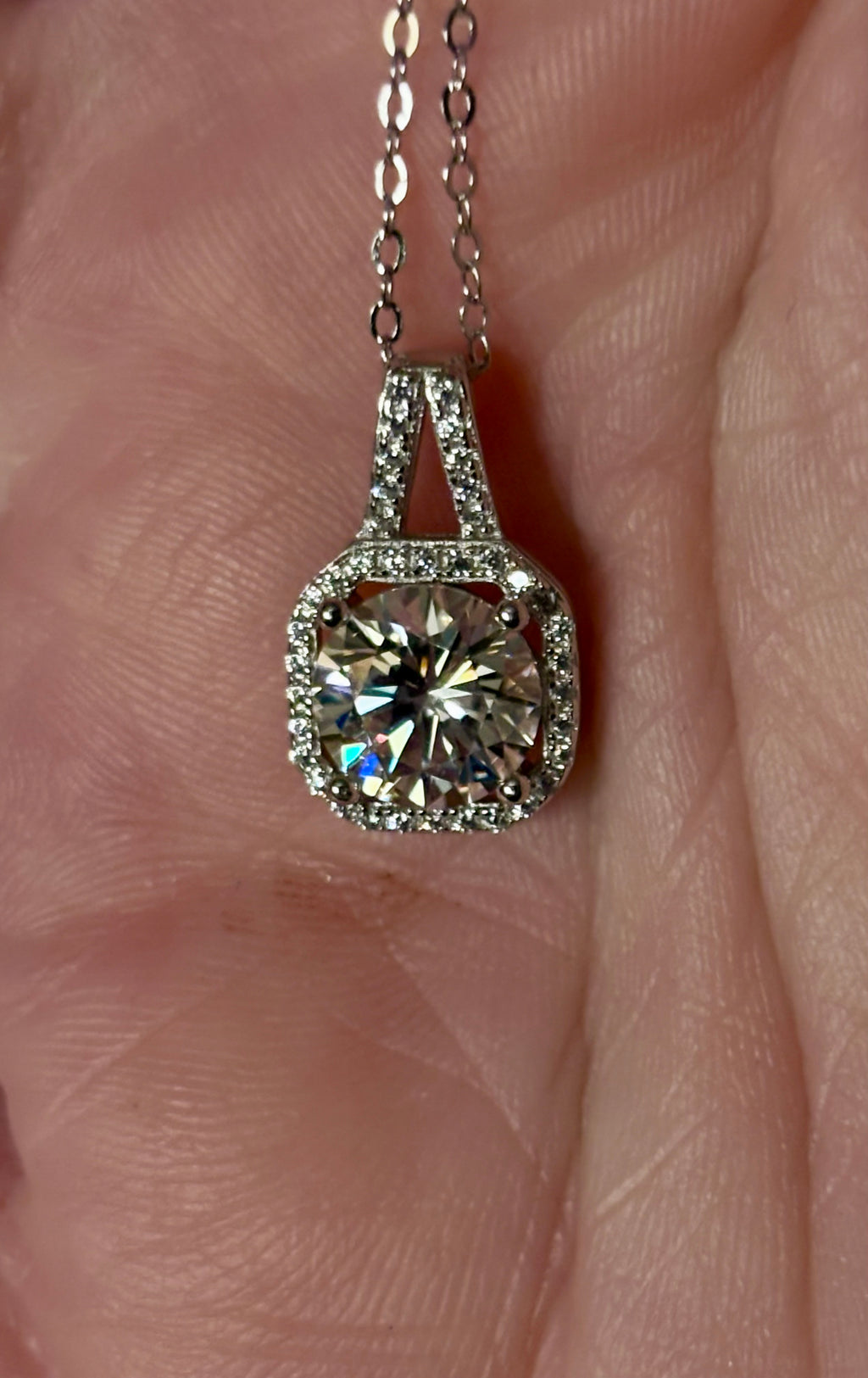 Moissanite necklace. A 2ct certified Moissanite set within an octagonally-shaped halo of pavé-set gleaming white zircons - at a 1ct price!