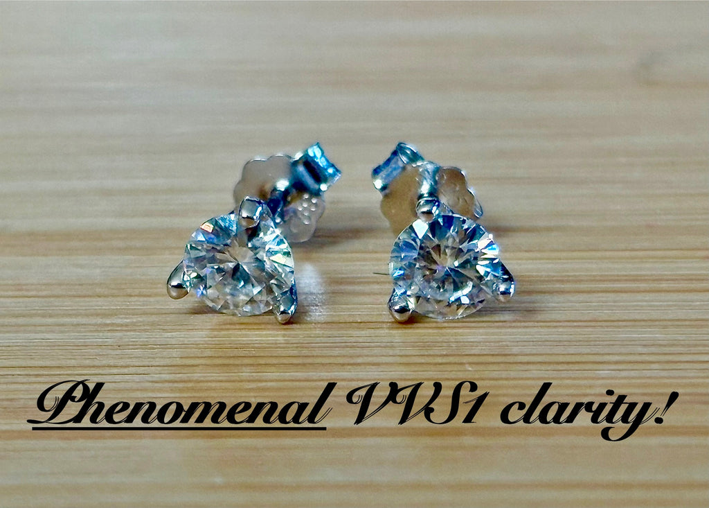 1ctw DOUBLE certified Moissanite studs, D-color and VVS1 clarity in delicate 3-claw settings! Minimalist design with substantial fire!
