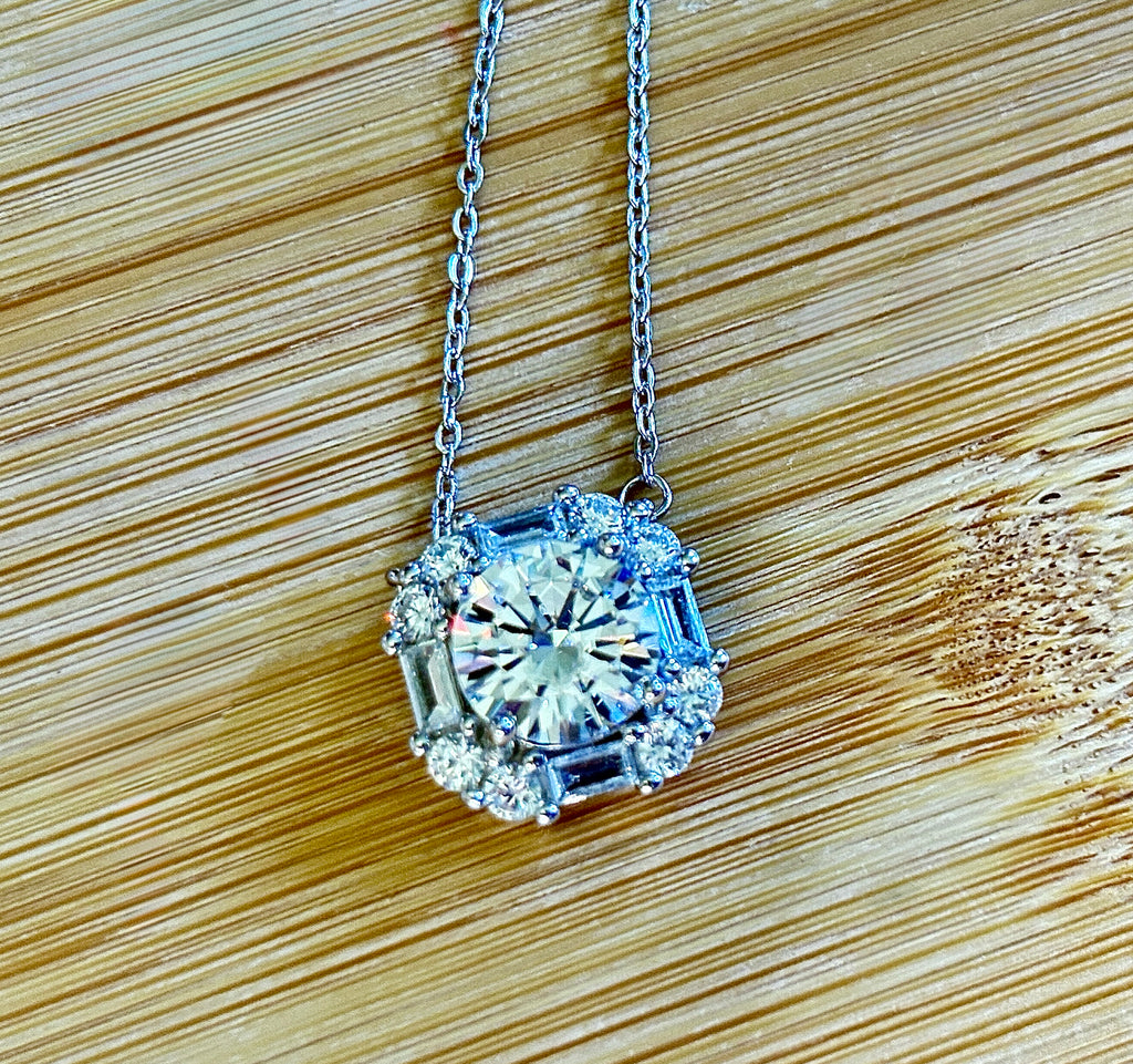 Moissanite necklace. A FIERY certified 3ct “8 hearts, 8 arrows” Moissanite in a super flashy geometric zircon halo, for a 4cttw necklace!