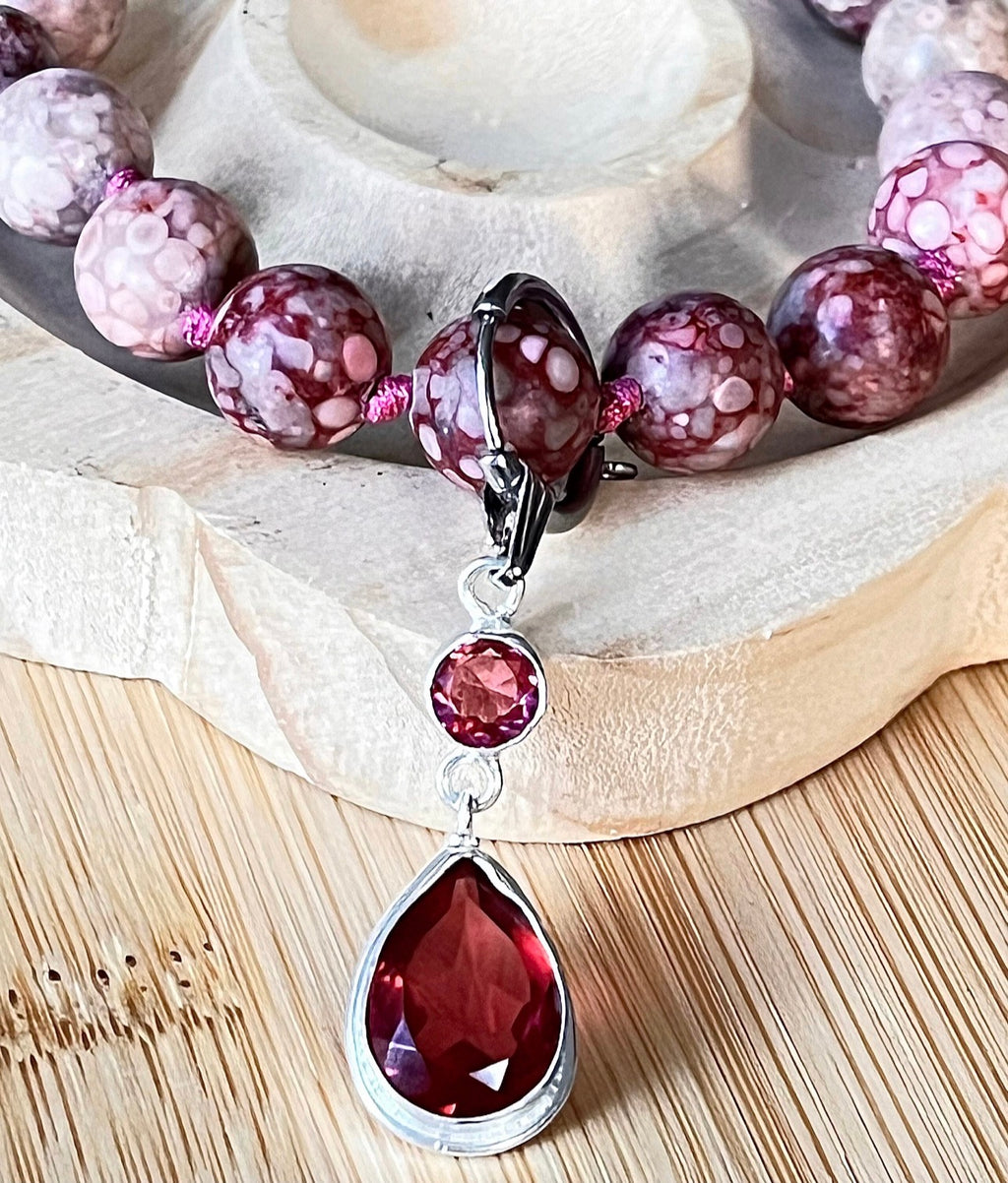 Chrysanthemum stone bracelet, hand knotted with 10mm beads, stainless steel and optional sterling silver rubellite tourmaline pendant!
