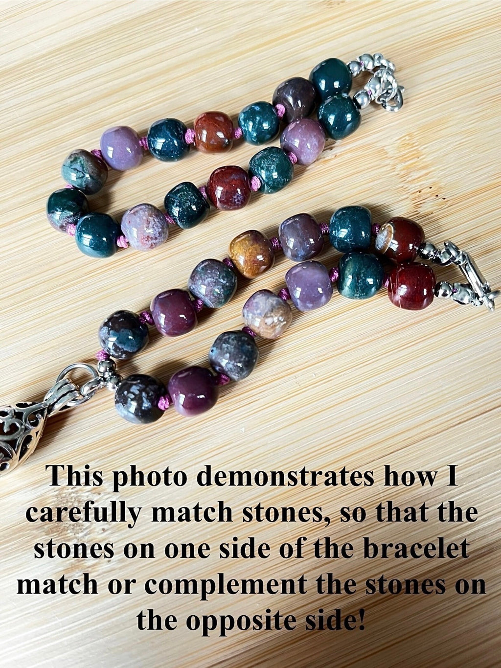 Ocean agate bracelet, hand knotted or straight-strung in your choice of design and with stainless steel bracelet hardware!