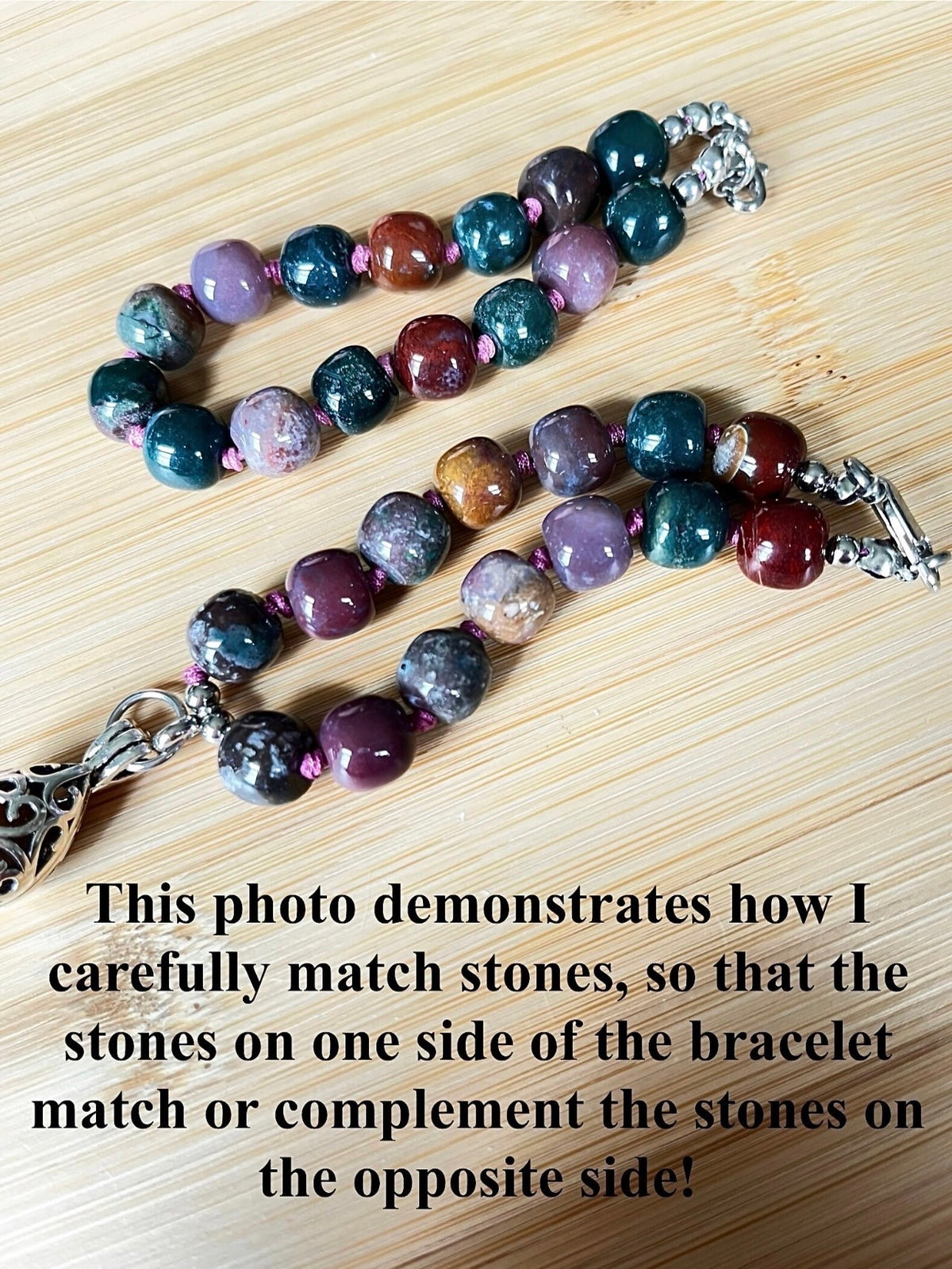Ocean agate bracelet, hand knotted or straight-strung in your choice of design and with stainless steel bracelet hardware!